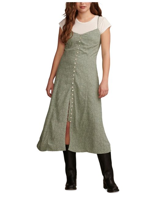 Lucky Brand Green Printed Button-front Midi Slip Dress