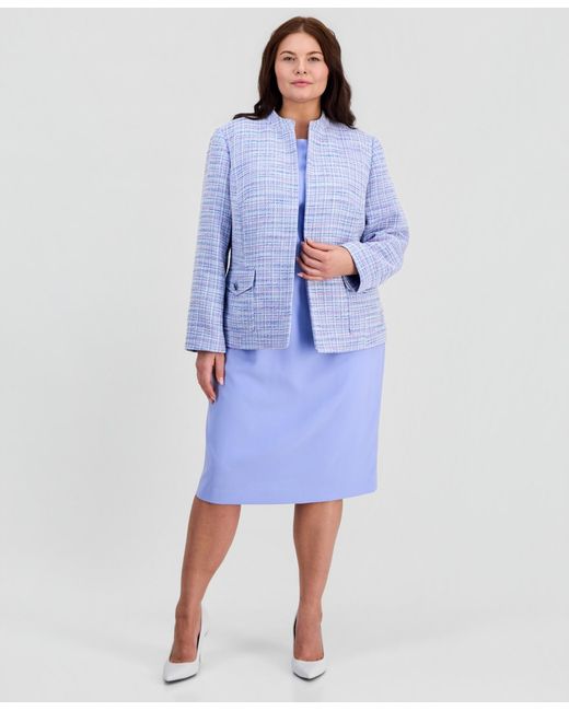 Kasper Blue Plus Size Open-front Tweed Jacket