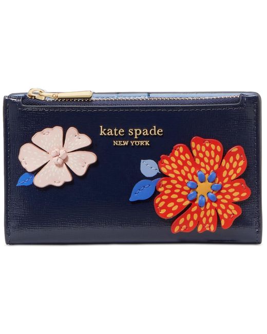 Kate Spade Blue Dottie Bloom Flower Applique Saffiano Leather Small Slim Bifold Wallet