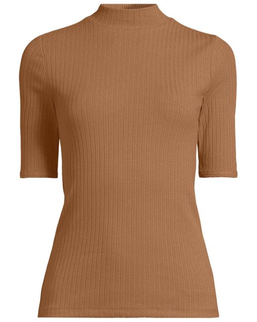 Lands' End Blue Plus Size Elbow Sleeve Pointelle Rib Mock Neck