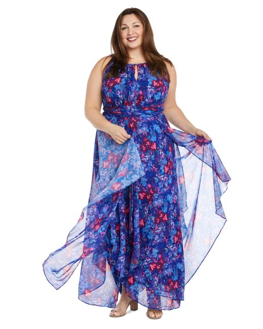 R & M Richards Blue Plus Size Floral-print Ruffled Maxi Dress