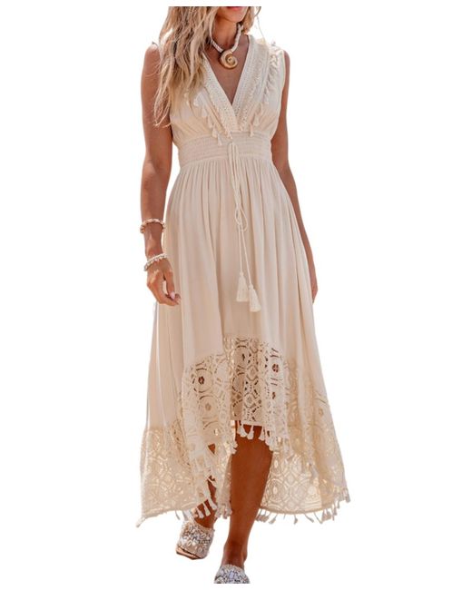 CUPSHE Natural Beige Lace & Tassel Sleeveless Midi Beach Dress
