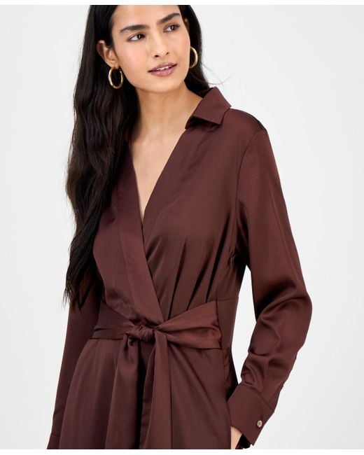 Tahari Collared V-neck Tie-waist Midi Dress