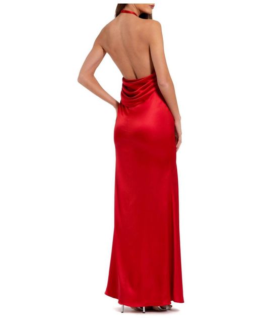 Mac Duggal Red Fitted Satin Sleeveless Halter Gown With 3d Flower