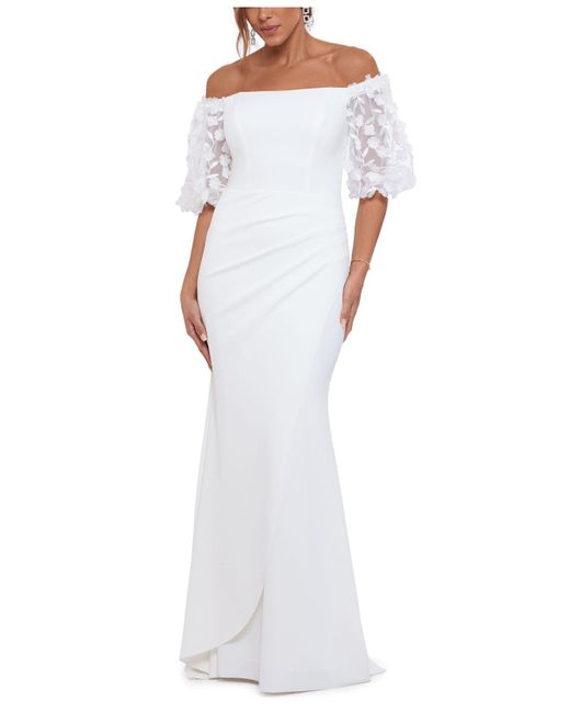 Xscape Synthetic Off-the-shoulder Embellished-sleeve Gown in White | Lyst
