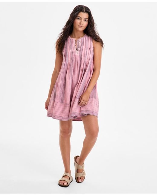 Lucky Brand Red Cotton Pintuck Button-front Mini Dress