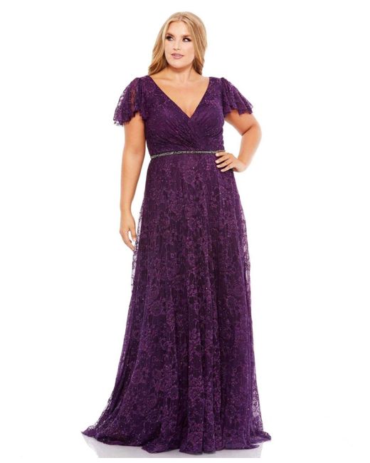 Mac Duggal Purple Plus Size Embellished Flutter Sleeve Evening Gown