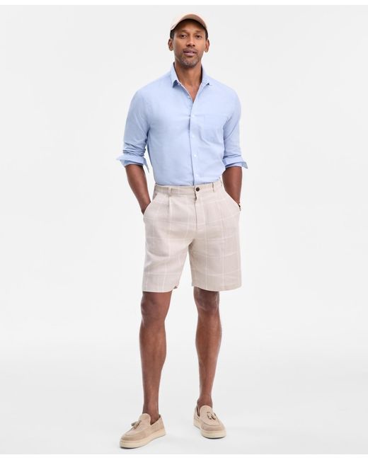 Club Room Natural Classic-fit Window Pane Linen Shorts for men