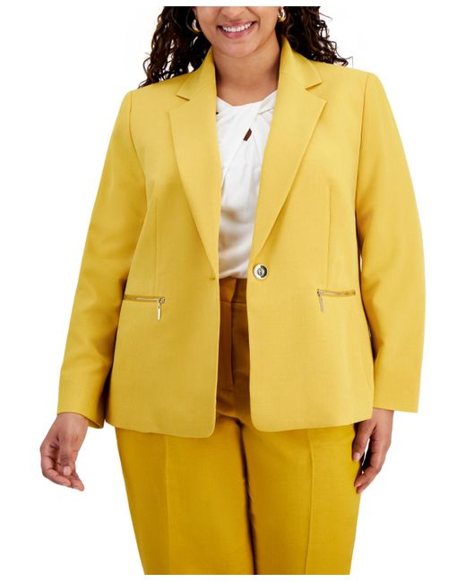 Kasper Yellow Plus Size One-button Zip-pocket Blazer