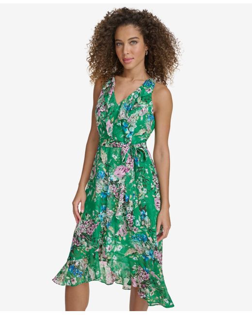 Kensie Green Floral-print Ruffled Sleeveless Midi Dress