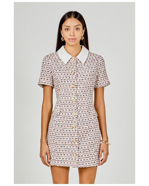 Endless Rose Women's White Multi Tweed Collared Short Sleeve Dress Endless Rose Women's White Multi Tweed Collared Short Sleeve Dress