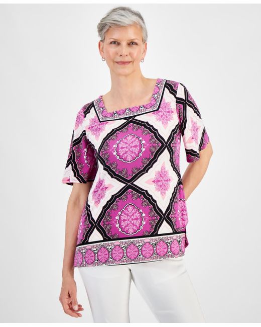 Macy's Pink Jm Collection Printed Square Neck Short Sleeve Top