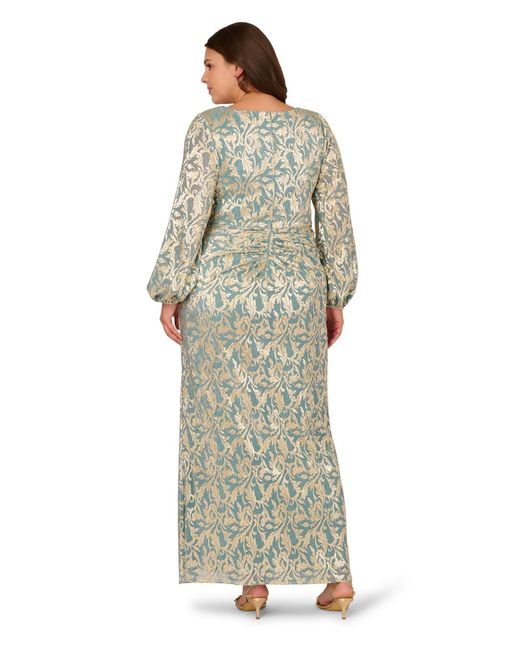 Adrianna Papell Green Plus Size Metallic Crinkle V-neck Ball Gown