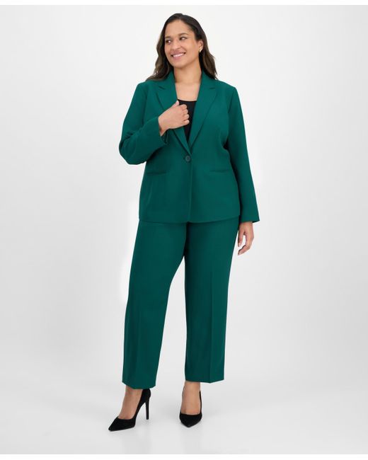 Le Suit Green Plus Size Notched Collar One-button Pantsuit