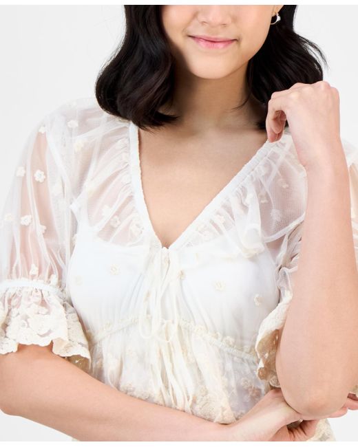 And Now This White V-neck Ruffle-trim Mesh Top