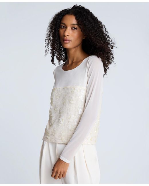 Kenneth Cole White Paillette Mesh Long-sleeve Top
