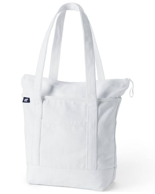 Lands' End White Medium Solid Color 5 Pocket Zip Top Long Handle Canvas Tote Bag
