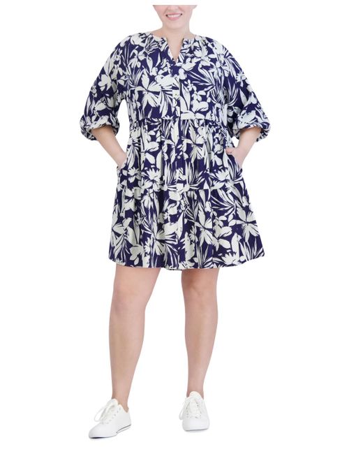 Jessica Howard Blue Plus Size Printed Button-front A-line Dress