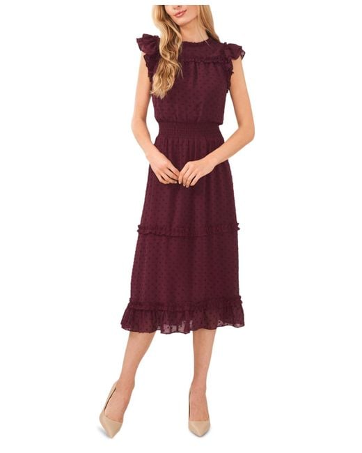 Cece Red Ruffled Flutter Sleeve Swiss Dot Midi Dress