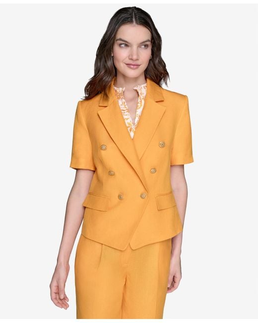 Karl Lagerfeld Orange Linen-blend Short-sleeve Double-breasted Jacket