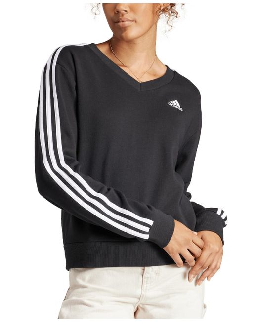 Adidas Black Essential Cotton 3-stripe V-neck Sweatshirt