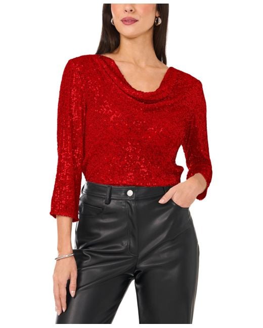 Vince Camuto Red Sequined Cowlneck 3/4-sleeve Top