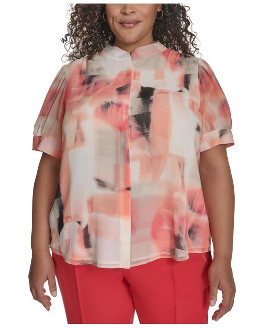 DKNY Red Plus Size Printed Chiffon Button-front Blouse