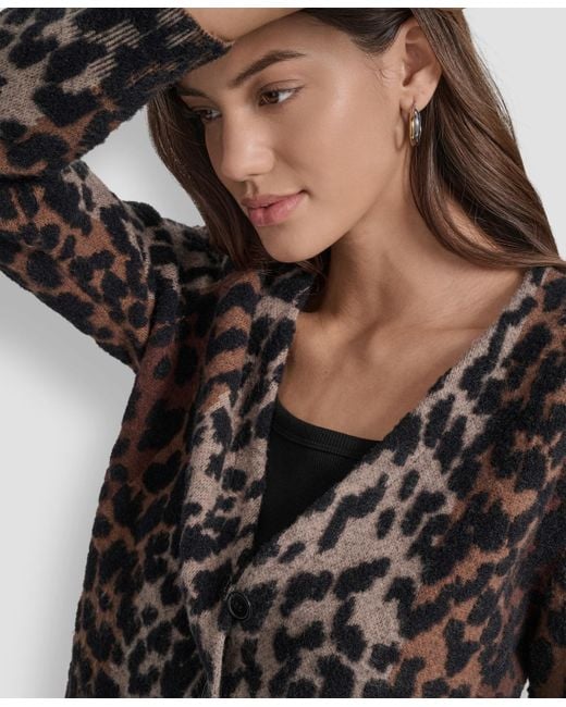 DKNY Black Long Sleeves Leopard Print Cardigan Sweater