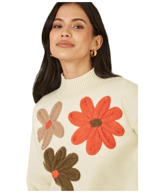 Yumi' Natural Floral Detail High Neck Knit Sweater
