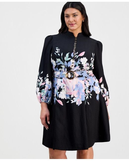 tahari floral fit and flare dress Lace-Up Open-Back Long Black Prom Dress with Glitter Black / 2 main image 1