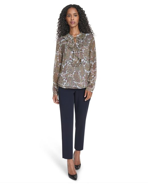 Tommy Hilfiger Gray Paisley Ruffle Long Sleeve Blouse