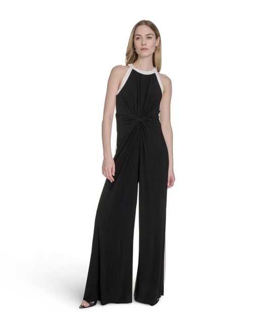 Vince Camuto Women's Black Halter Twist-front Wide-leg Jumpsuit