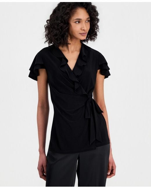 Anne Klein Black Flutter-sleeve Wrap Top