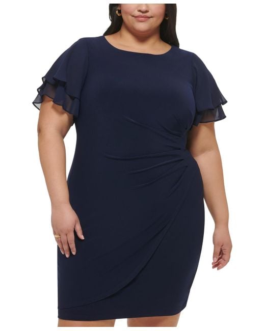 Jessica Howard Plus Size Flutter-sleeve Shirred Dress in Blue | Lyst