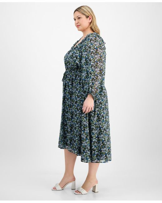 On 34th Blue Trendy Plus Size Floral-print Smocked-waist Dress