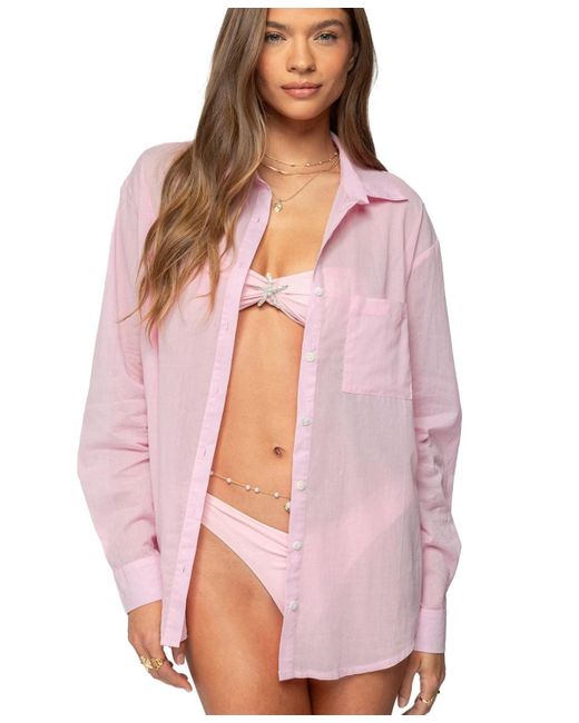 Edikted Pink Kellen Oversized Cotton Button Up Shirt
