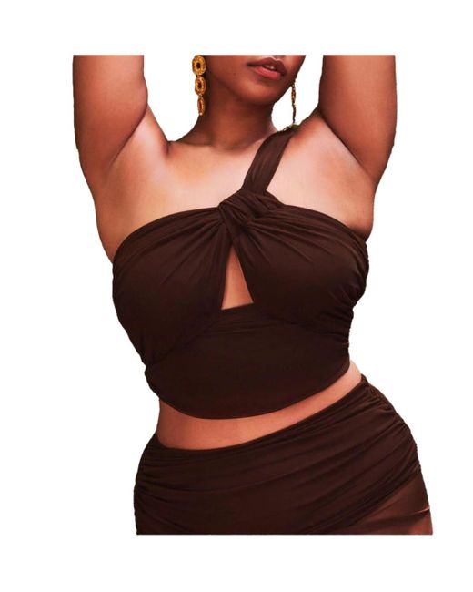 Eloquii Brown Plus Size One Shoulder Ruched Tankini Top