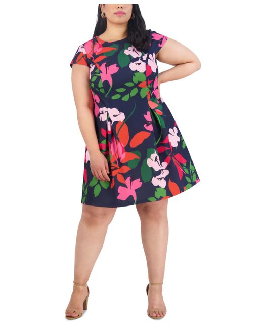 Jessica Howard Red Plus Size Floral-print Cap-sleeve Dress