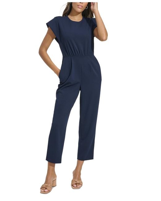 Calvin Klein Blue Short-sleeve Smocked-waist Jumpsuit