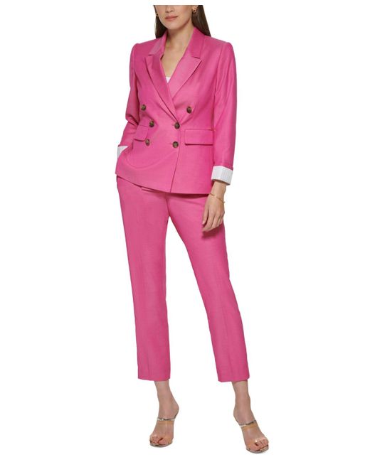 DKNY Pink Petite Double-breasted Striped-cuff Blazer