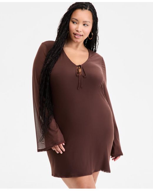 BarIII Red Plus Size Long-sleeve Solid-mesh Mini Dress