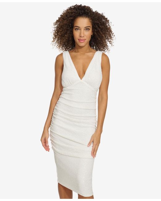 Siena Jewelry White Sequined Ruched Midi Dress