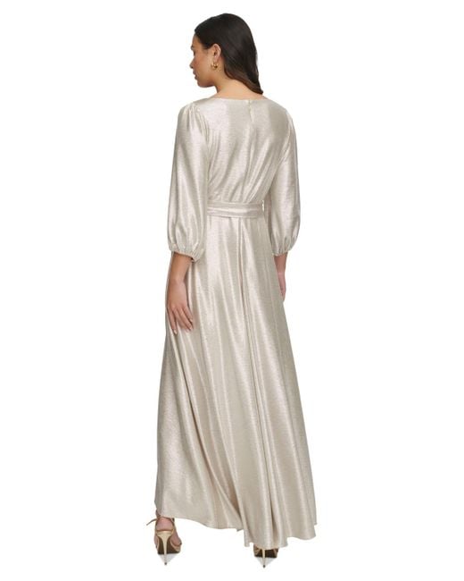 DKNY White Metallic Textured Faux-wrap Gown
