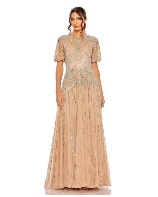 Mac Duggal Natural High Neck Puff Sleeve Embellished A Line Gown