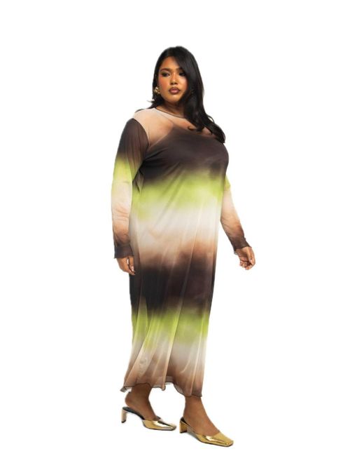 FASHION-SZN CURVE Metallic Long Sleeve Ombre Print Midi Dress