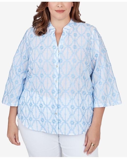 Ruby Rd Blue Plus Size Trellis Embroidered Cotton Button Front Top