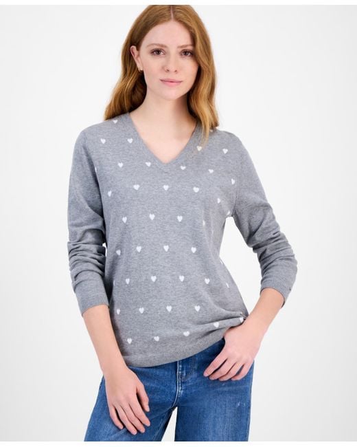 Tommy Hilfiger Women's Gray Cotton Heart V-neck Sweater - Main Image