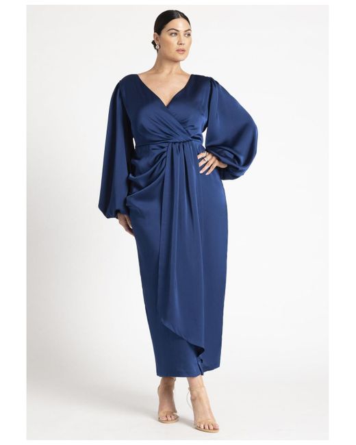 Eloquii Blue Plus Size Satin Puff Sleeve Pleated Dress