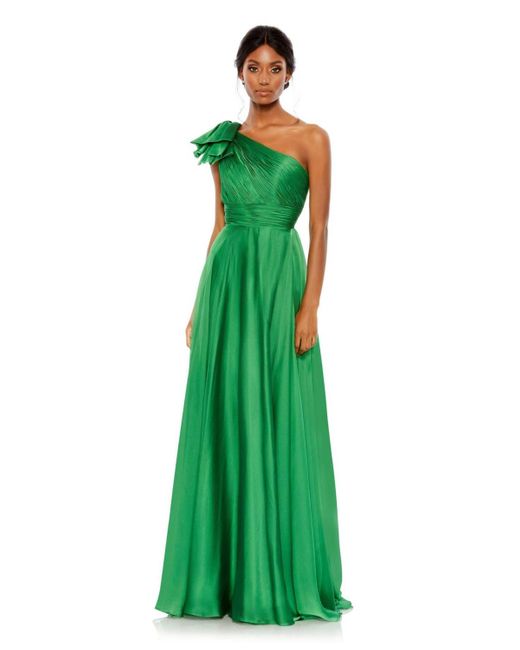 Mac Duggal Green Pleated One Shoulder Chiffon Gown