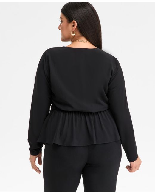 INC International Concepts Black Plus Size Long-sleeve Peplum Top